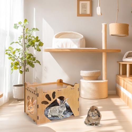 Rabbit Hideout Castle, Large Wooden Bunny Houses and Hideouts with Pet Pad, Detachable Small Animal Play Hideaway Hut and Playhouse for Indoor Bunnies Guinea Pig Hamster Chinchilla Gerbi - view 7