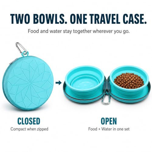 Collapsible Dog Bowls for Travel, 2-in-1 Silicone Food and Water Set with Zipper Carrying Case, Portable Foldable Pet Bowls with Non-Slip Base and Carabiner, 35 oz Each - view 2