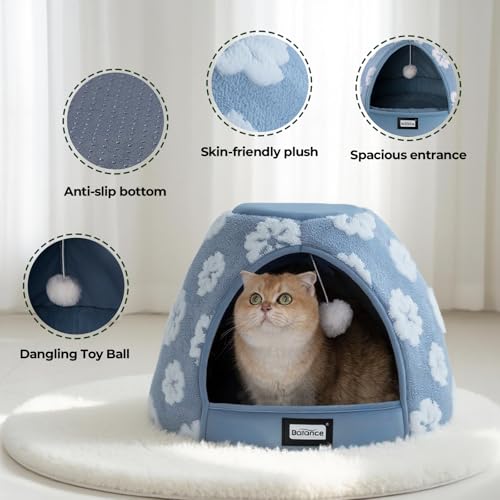 Cat Beds for Indoor Cats, 2-in-1 Cat Bed Cave with Anti-Slip Bottom and Ultra-Soft Plush, Cozy Cats House Tent for Kittens and Small Dogs, 21 Inches, Blue - view 4