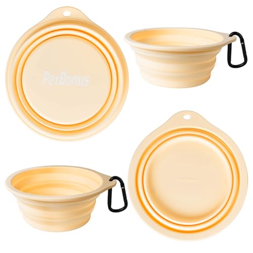 2-Pack Large Silicone Collapsible Dog Bowls, 34oz/1000ml BPA Free Portable Foldable Travel Bowl for Pet Cat, Food Water Feeding Dish for Camping with 2 Carabiners (Light Mint, Beige Cream) - view 2