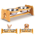 Elevated Dog Bowls for Cats and Dogs, Adjustable Bamboo Raised Dog Bowls for Small Dog, Food and Water Set Stand Feeder with 2 Stainless Steel Bowls and Anti Slip Feet (Height 4" to 4.5")