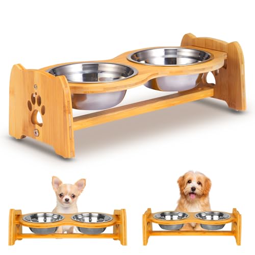 Elevated Dog Bowls for Cats and Dogs, Adjustable Bamboo Raised Dog Bowls for Small Dog, Food and Water Set Stand Feeder with 2 Stainless Steel Bowls and Anti Slip Feet (Height 4" to 4.5")