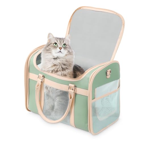 Luxury Mint Green PU Leather Pet Carrier Bag, Airline Compliant Portable Travel Crate with Breathable Mesh Panels & Shoulder Strap for Cats Small Dogs Travel & Vet Use