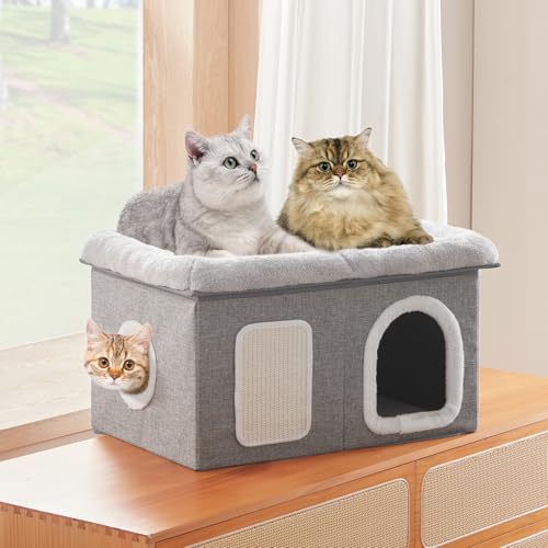 Cat House for Indoor Cats - 24.4" W Extra Wide Cat Bed Cave for Double Small Cats and Foldable with Scratch Pad, Cat Hideaway Condo for Kitten, 24.4x16.9x14.2 Inches, Light Grey - view 3