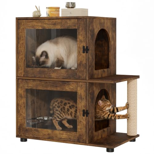 Double Dog Proof Cat Feeding Station, Wood Dog Proof Cat Feeder, Walnut