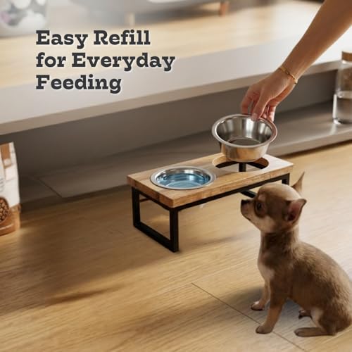 Elevated Dog Bowls, 4” Small Dogs & Cats Raised Bowl Mango Wood Stand, Food & Water 2 Stainless Steel Dishes Each 16oz/2Cup Capacity, Non-Slip Pet Feeder Station in Brown for Toy Breeds - view 6