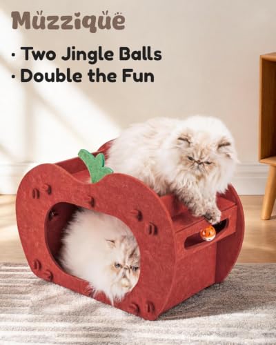 Cat Cave Bed for Indoor Cats, Red Apple Cat Hideaway House, with Perch&Toys - view 3