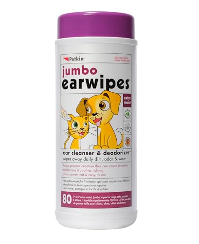Jumbo Pet Ear Wipes, 80 Extra Moist Wipes - Soothing & Deodorizing Pet Ear Cleaner to Remove Dirt, Odor, & Wax - Safe, Convenient, & Easy to Use Pet Wipes for Dogs, Cats, Puppies & Kittens