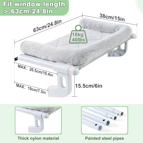 Cat Window Perch Hammock Sturdy Windowsill Bed Seat for Large Cats No Drilling No Suction Adjustable Kitty Shelf with Washable Cover Easy Assembly Holds up to 40 lbs 24.8 * 15 in (Grey, L) - view 2