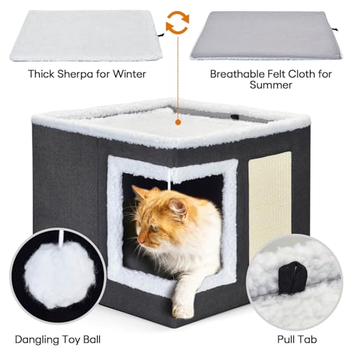 Cat Bed for Indoor Cats, Large Covered Cat House with Scratch Pad, Foldable Cat Cave Bed & Hideaway Cube with Reversible Cushions, Cute Cat Condo for Multi Small Pet Kitten (Dark Grey) - view 4