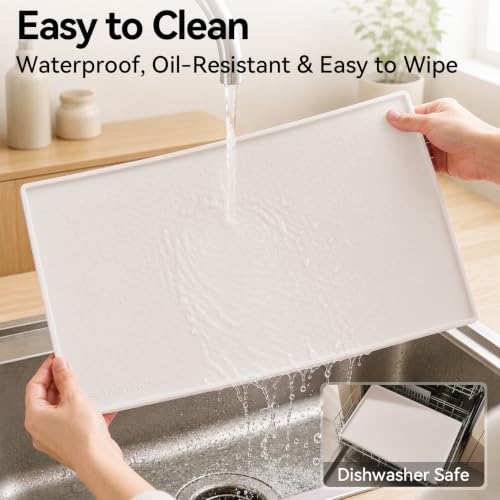 Dog Food Mat, Raised Edge Waterproof Silicone, 19x12", Ivory - view 6
