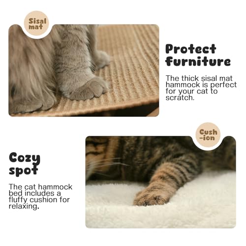 Cat Hammock Bed, Wooden Elevated Cat Beds with Natural Sisal Scratching Mat, Cats Scratcher Bed with Removable Soft Cushion, Cats Scratching Beds with Wood Frames, 22" L x 17.7" W - view 5