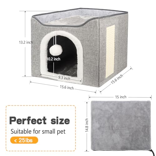 Heated Cat Bed for Indoor Cats, Foldable Cat House with Removable Heating Pad for Cats Small Dog Covered Cat Bed Cave Kitty Hideaway with with Scratch Pad, All Season Use - view 7
