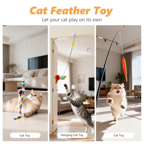 Cat Toys Interactive Feather Teaser Wand Set, 11 Pack Retractable Cat Fishing Pole Toy with Assorted Replaceable Attachments & Bells, Fun Hunting Exercise Toys - view 4