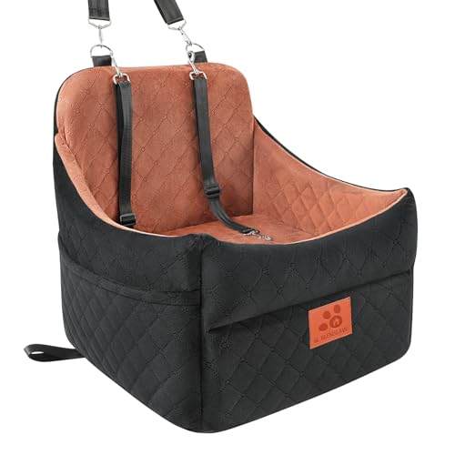 Dog Car Seat for Small/Medium Dogs, Dog Booster Car Seats with Thick Cushion for Dogs Under 35 lbs, Detachable Washable Pet Carseat with Storage Pockets, 2 Safety Belts(Black/Brown)
