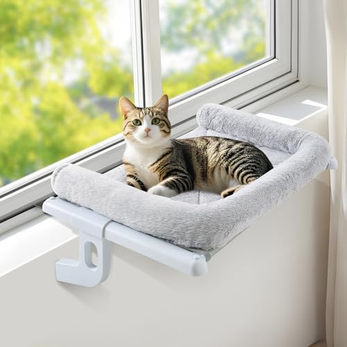 Cat Window Perch Hammock Sturdy Windowsill Bed Seat for Large Cats No Drilling No Suction Adjustable Kitty Shelf with Washable Cover Easy Assembly Holds up to 40 lbs 24.8 * 15 in (Grey, L)