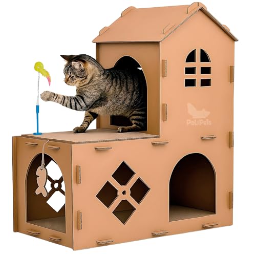 Polipets Cat Scratching House-Shaped Double-Story, Scratching Pad Made of Recyclable Corrugated Cardboard, Claw Sharpener Toy for Cats, Scratching Post, Cardboard Brown 31 x27x 18in