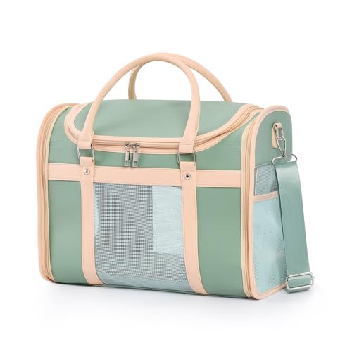 Luxury Mint Green PU Leather Pet Carrier Bag, Airline Compliant Portable Travel Crate with Breathable Mesh Panels & Shoulder Strap for Cats Small Dogs Travel & Vet Use - view 2