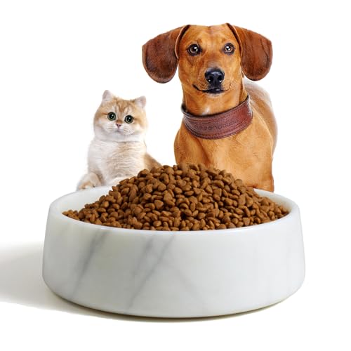 White Marble Dog Bowl, Non-Slip Dog Food Water Bowl, Small Weighted Stone Dish, Natural Marble Heavy Pet Bowl, Easy to Clean, Gifts for Cat Lovers, Perfect Cat Dog Gifts, Holds 4 Cups(5 lbs)
