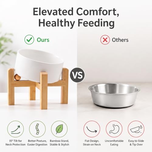 Elevated Ceramic Dog Bowl 15°Slanted Raised Dog Bowl with Bamboo Stand for Small Medium Dogs and Cats, Pet Feeder -3.6-Cup (850ml)-White - view 6