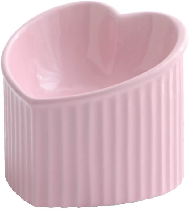 Pink ceramic raised cat bowls, tilted elevated food or water bowls, stress free, backflow prevention, dishwasher and microwave safe, lead & cadmium free
