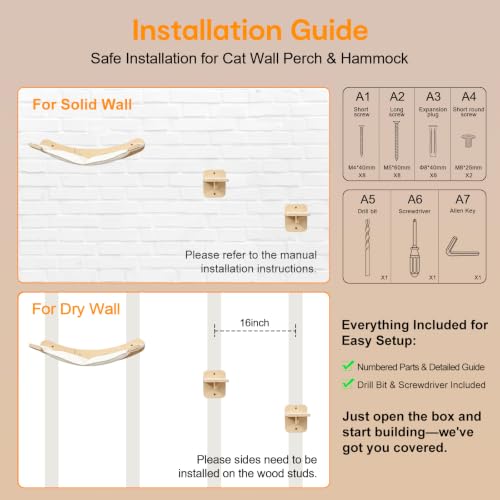 Wall-Mounted Cat Hammock with 2 Wooden Perching Steps—a Suspended Solid Wood wall-Mounted cat Shelf Set Suitable for Indoor Climbing beds for Kittens, Small, Medium, and Large Cats - view 5