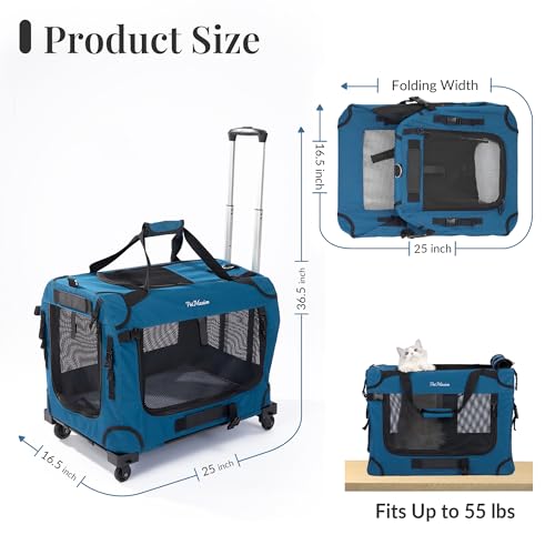 Extra Large Rolling Cat Carrier with Wheels, Soft Sided Pet Dog Carrier on Wheels for Big Cat 20lbs+ 2 Cats, Car Travel Portable XL Wheeled Bag 25"x16.5"x20.5" - view 5