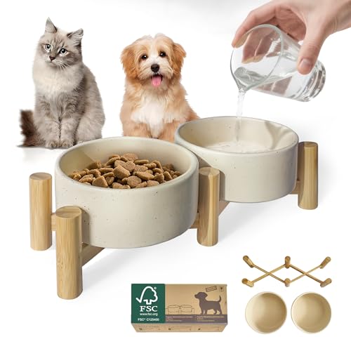 Elevated Dog Bowl & Cat Dish 27oz – Raised Ceramic Pet Food and Water Bowls with Bamboo Stand, Feeding Station for Small & Medium Pets, Prevents Neck Strain – Durable, Premium Quality