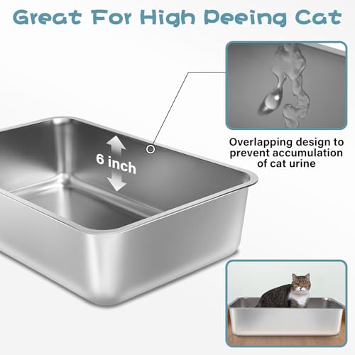 Stainless Steel Litter Box, 23.6“x15.7"x6" Deep Stainless Steel Cat Litter Box Extra Large, XL Metal Litterbox for Big Cats with High Sides, Non Stick Surface, Easy to Clean - view 2