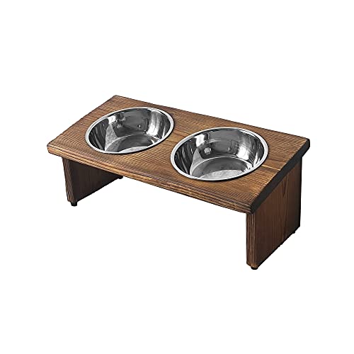 Elevated Cat Bowls, Wooden Raised Cat Bowl Stand with 2 Stainless Steel Bowls, 14.56 x 7 Inch Pet Feeding Station, Double Food and Water Bowls for Cats and Small Dogs
