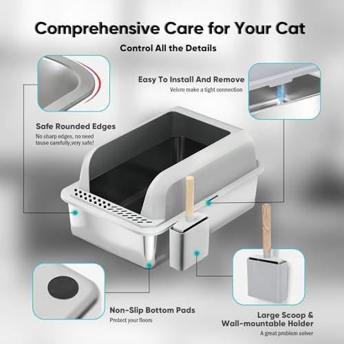 Stainless Steel Cat Litter Box with Lid, XL Large Litter Box for Big Cats, Enclosed Kitty Litter Pan with High Sides, Anti-Leakage & Non-Stick, Easy to Clean, Included Scoop, Aisle and Mat - view 5