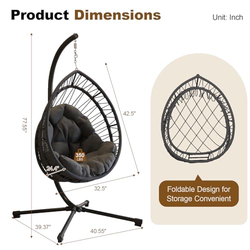Hanging Egg Chair with Stand, Foldable Swing Hammock Chair, All-Weather Core-Spun Polyester Rope, Yarn-Dyed Cushion, 350LBS, Indoor Outdoor Patio Balcony (Dark Grey) - view 3