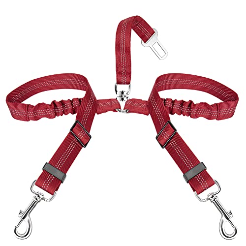 Double Dog Seat Belt for Car with Elastic Bungee Buffer, Adjustable