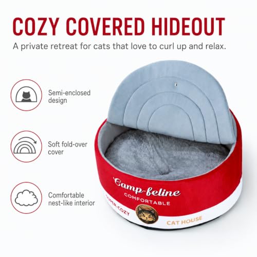 Enclosed Cat Bed for Indoor Cats & Kittens - Calming Cute Can-Shaped Covered Pet Cave with Removable Washable Cushion, Self-Standing Cozy Hideaway for Cats & Small Dogs up to 15 lbs - view 2