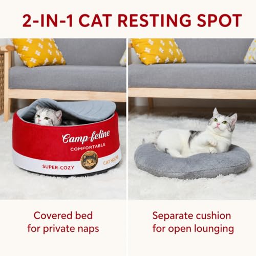 Enclosed Cat Bed for Indoor Cats & Kittens - Calming Cute Can-Shaped Covered Pet Cave with Removable Washable Cushion, Self-Standing Cozy Hideaway for Cats & Small Dogs up to 15 lbs - view 5
