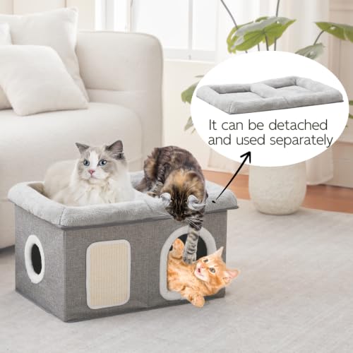 Cat House for Indoor Cats - 24.4" W Extra Wide Cat Bed Cave for Double Small Cats and Foldable with Scratch Pad, Cat Hideaway Condo for Kitten, 24.4x16.9x14.2 Inches, Light Grey - view 2