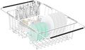 Large Dish Drainer Rack in Sink Adjustable, Expandable 304 Stainless Steel Metal Dish Drying Rack Organizer with Stainless Steel Utensil Holder Over Inside Sink Counter, Rustproof