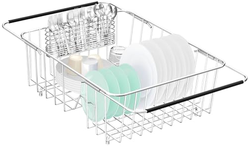 Large Dish Drainer Rack in Sink Adjustable, Expandable 304 Stainless Steel Metal Dish Drying Rack Organizer with Stainless Steel Utensil Holder Over Inside Sink Counter, Rustproof