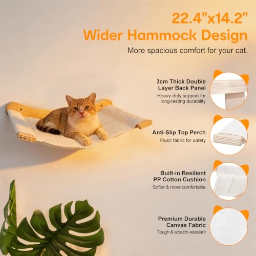 Wall-Mounted Cat Hammock with 2 Wooden Perching Steps—a Suspended Solid Wood wall-Mounted cat Shelf Set Suitable for Indoor Climbing beds for Kittens, Small, Medium, and Large Cats - view 2