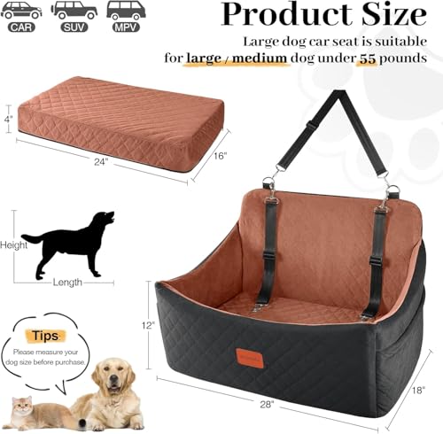 Dog Car Seat for Medium & Large Dogs Up to 55lbs, Memory Foam Cushion, Washable Cover, Safety Straps & Non-Slip Bottom(Black/Brown,Large) - view 3