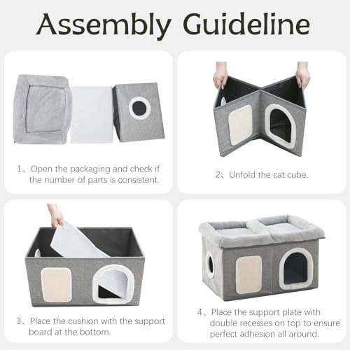 Cat House for Indoor Cats - 24.4" W Extra Wide Cat Bed Cave for Double Small Cats and Foldable with Scratch Pad, Cat Hideaway Condo for Kitten, 24.4x16.9x14.2 Inches, Light Grey - view 6