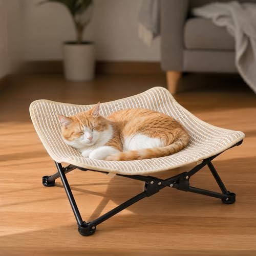 Foldable Cat Hammock Bed, Elevated Sisal Scratching Lounge with Metal Frame, Raised Cat Hammock Chair for Indoor Cats