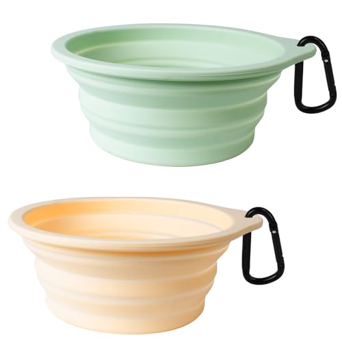 2-Pack Large Silicone Collapsible Dog Bowls, 34oz/1000ml BPA Free Portable Foldable Travel Bowl for Pet Cat, Food Water Feeding Dish for Camping with 2 Carabiners (Light Mint, Beige Cream)