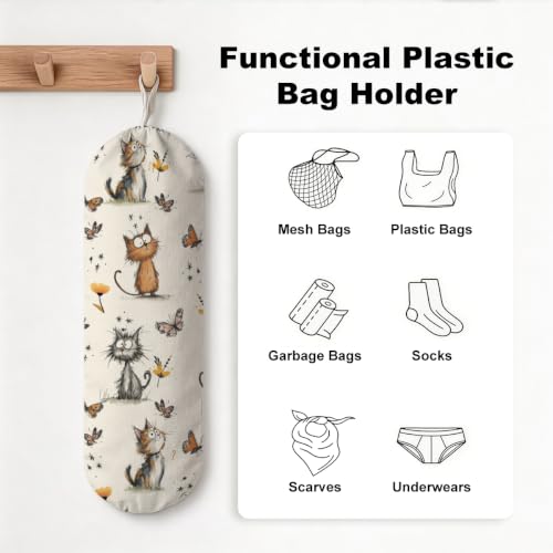 Adorable Cartoon Cat Washable Plastic Bag Holder, Reusable Wall Mount Grocery Bag Organizer for Home Kitchen Pantry Decor, Free Adjustment with Drawstring, Cat Lover Gifts for Women Mom Grandma - view 4