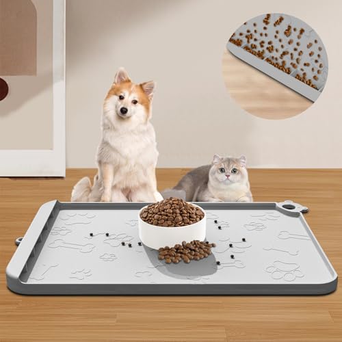Silicone Dog Food Mat With Residue Collection Pocket - Waterproof Pet Feeding Mat for Cats and Dogs, Raised Edges, Hooks, Placemats for Water Bowl