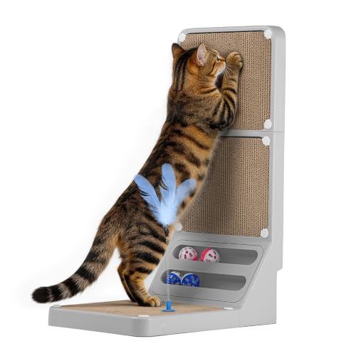 Cat Scratching Board Cat Scratching Post,2-in1 L Shaped Cats Cardboard Scratcher with Box, Kitten Scratcher Ball Wall Scratchers Pad for Indoor Cats Grey