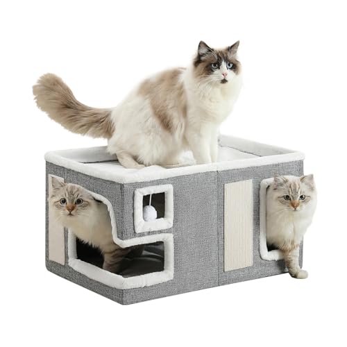 Large Cat Houses for Indoor Cats, Extra Wide Cat Cave Bed with Scratch Pad and Fluffy Ball, Foldable Cat Hideaway Condo for Large Cats, Modern Kitten Bed,23x16x13 inches (Grey, X-Large)