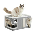 Large Cat Houses for Indoor Cats, Extra Wide Cat Cave Bed with Scratch Pad and Fluffy Ball, Foldable Cat Hideaway Condo for Large Cats, Modern Kitten Bed,23x16x13 inches (Grey, X-Large)
