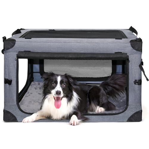 Collapsible Dog Crates for Large Dogs Portable Soft Sided Travel Dog Carrier for Indoor & Outdoor, 4-Door Foldable Pet Kennel with Durable Mesh Windows (Gray, 24.0" L x 17.0" W x 17.0")