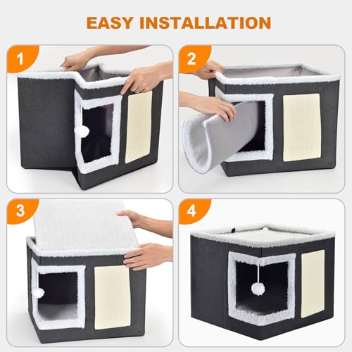 Cat Bed for Indoor Cats, Large Covered Cat House with Scratch Pad, Foldable Cat Cave Bed & Hideaway Cube with Reversible Cushions, Cute Cat Condo for Multi Small Pet Kitten (Dark Grey) - view 5